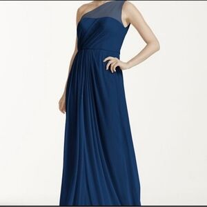 David's Bridal Blue One-Shoulder Mesh Dress